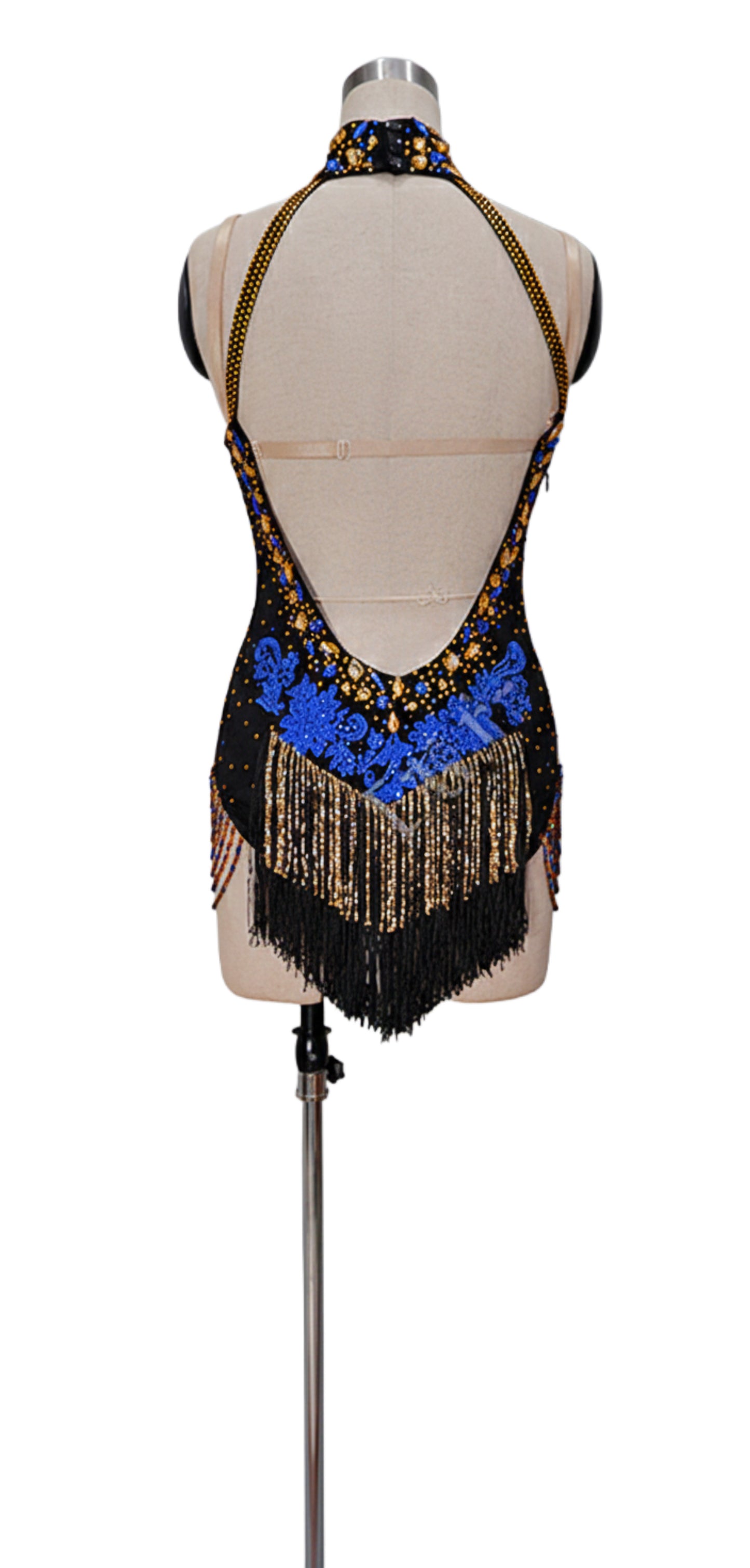 ByCharme Black Blue Gold Fringes Latin Salsa Competition Dress - BCL-0001