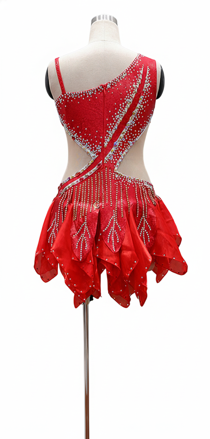 ByCharme Red Silver Tan Chiffon Latin Salsa Competition Dress - BCL-0089
