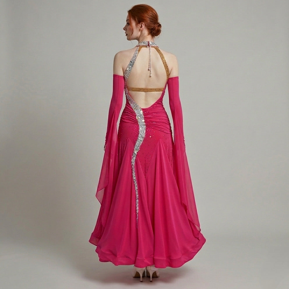 ByCharme Deep Pink Feather Ballroom Competition Dress - BC-0068
