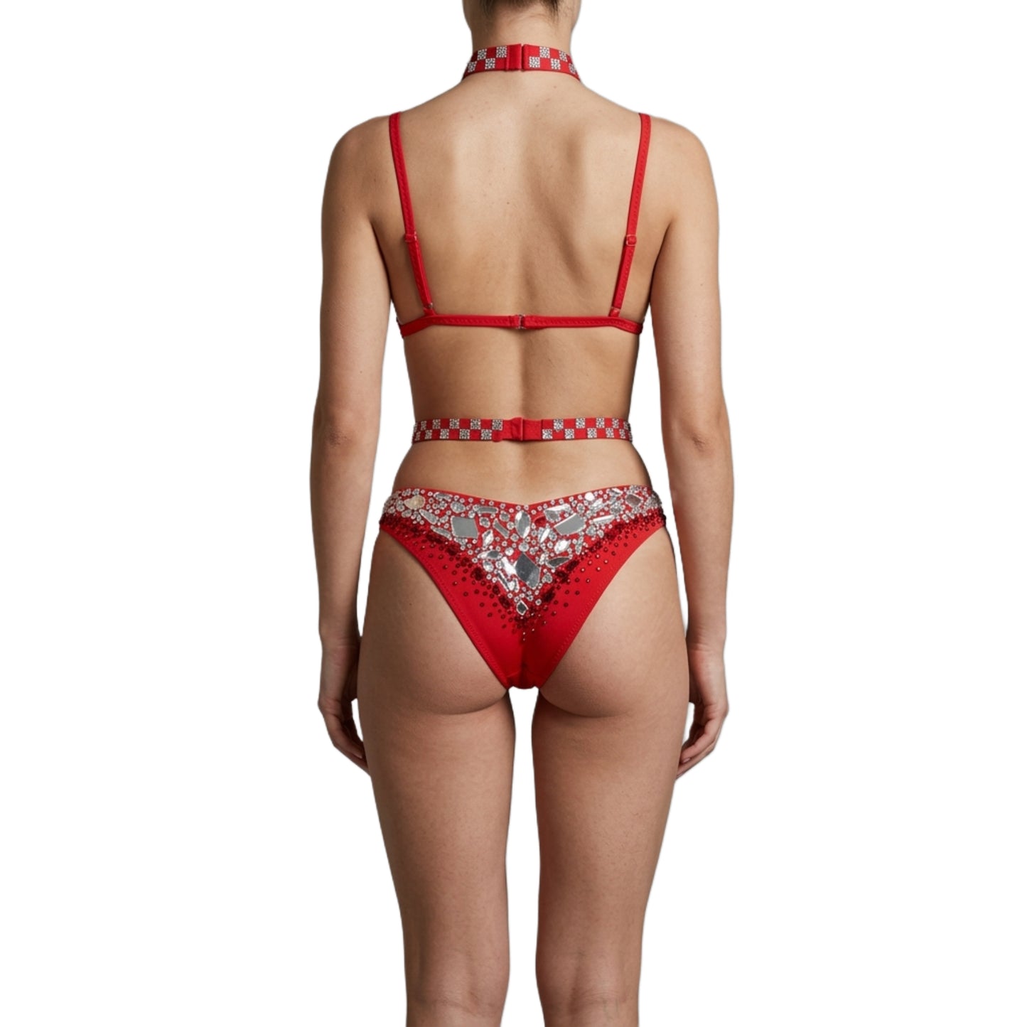 ByCharme Bright Red Silver Feathers Latin Salsa Competition Dress - BCL-0145