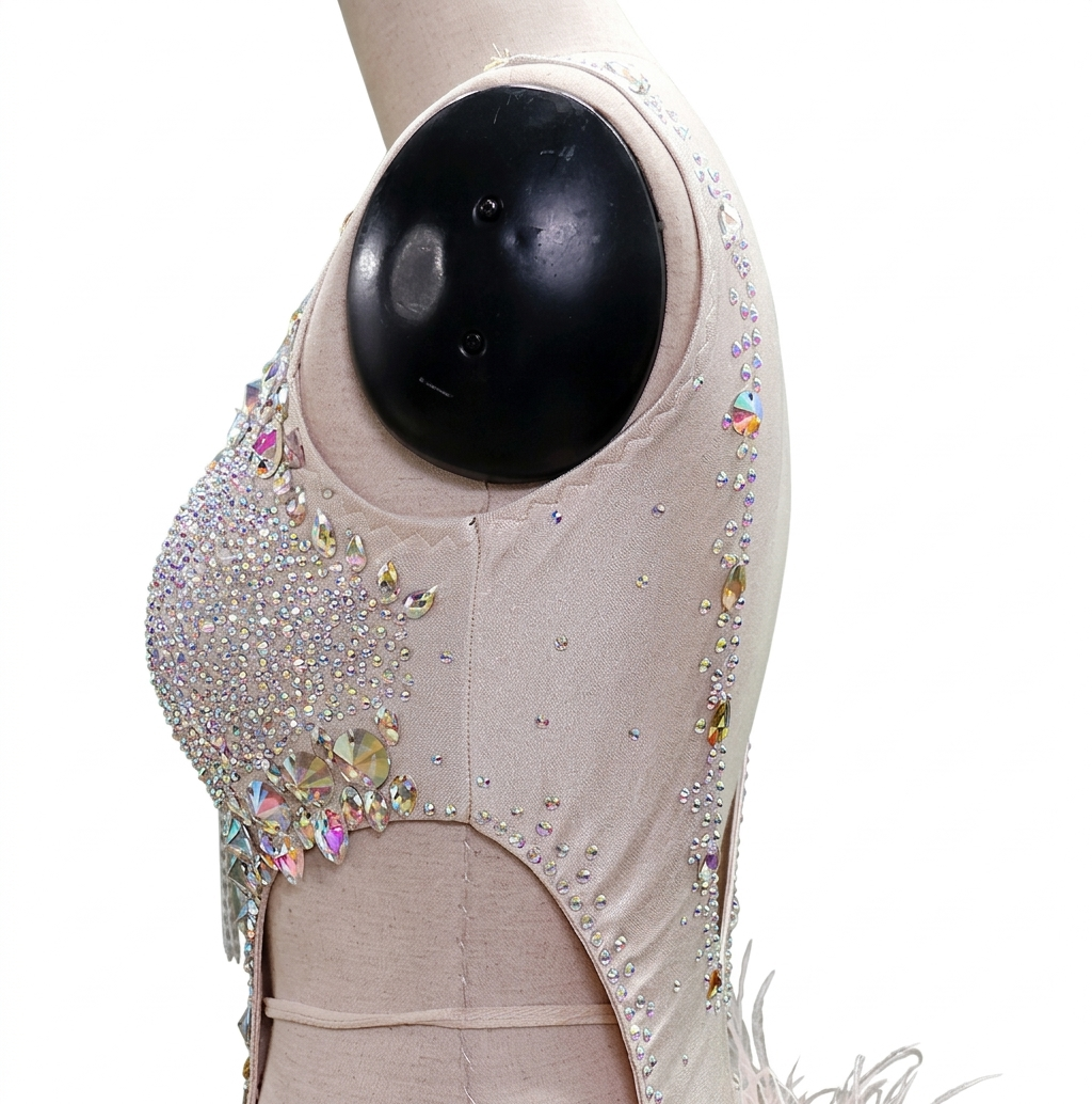 ByCharme Silver Pink Gold Feathers Latin Salsa Competition Dress - BCL-0158