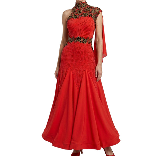 ByCharme Bright Red Chiffon Ballroom Competition Dress - BC-0032