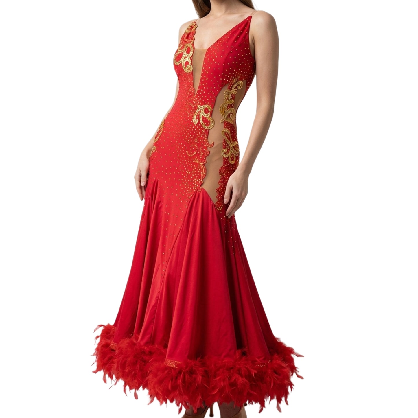 ByCharme Bright Red Feather Ballroom Competition Dress - BC-0003