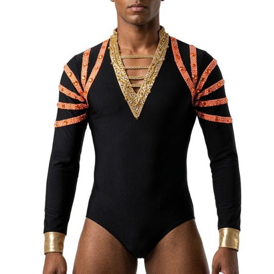 ByCharme Black Orange Fringes Men Latin Salsa Competition Shirt - BCM-0004