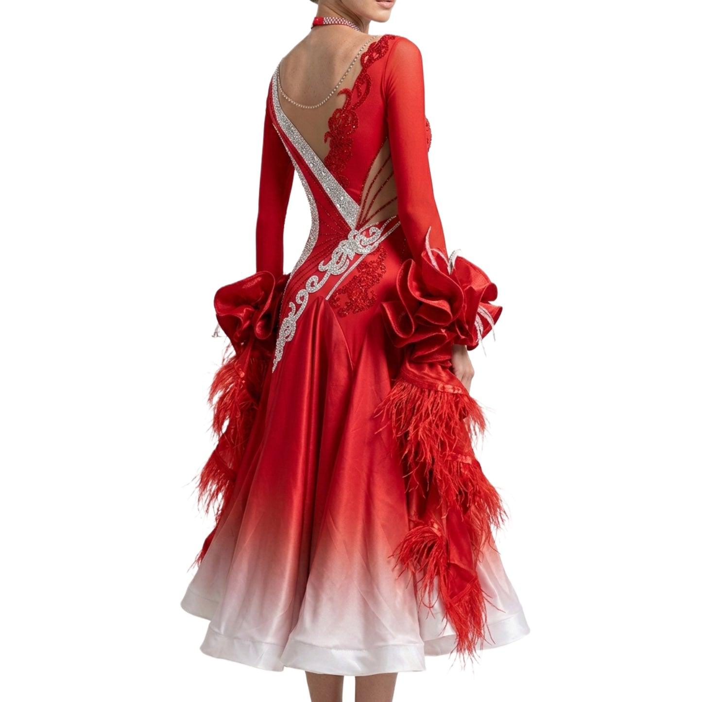 ByCharme Bright Red Feather Ballroom Competition Dress - BC-0021