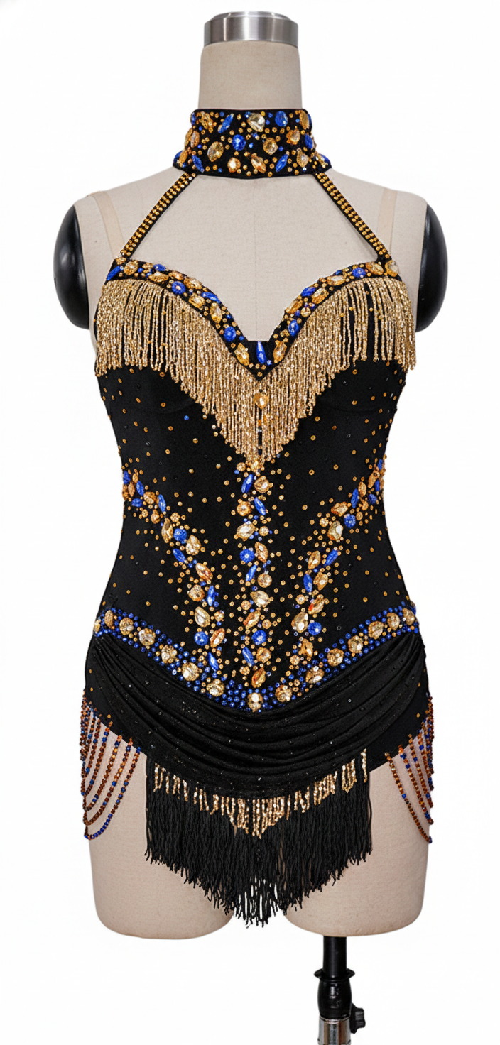 ByCharme Black Blue Gold Fringes Latin Salsa Competition Dress - BCL-0001