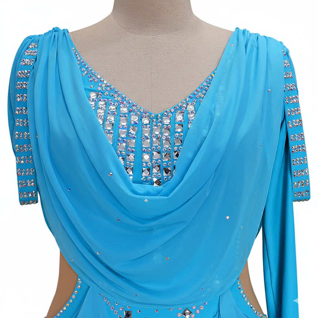 ByCharme Sky Blue Silver Tan Fringes Latin Salsa Competition Dress - BCL-0028