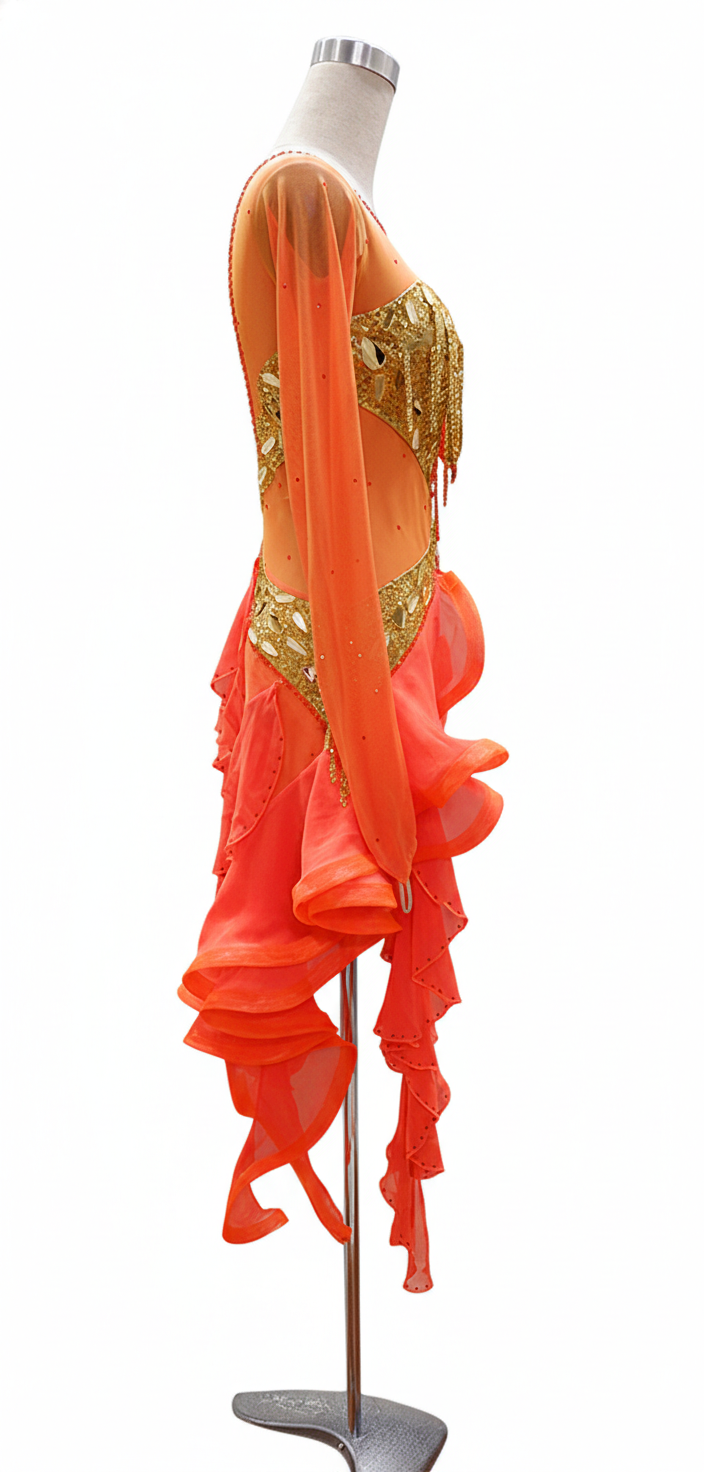 ByCharme Orange Red Gold Chiffon Latin Salsa Competition Dress - BCL-0088