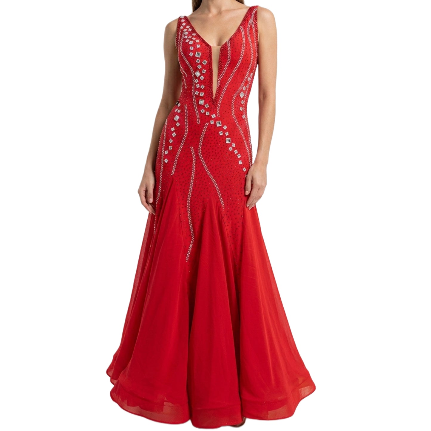 ByCharme Bright Red Chiffon Ballroom Competition Dress - BC-0019