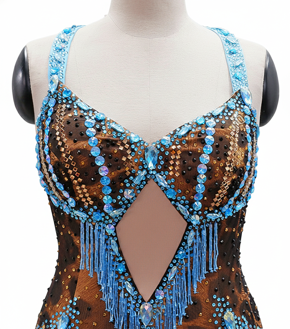 ByCharme Leopard Blue Brown Fringes Latin Salsa Competition Dress - BCL-0058