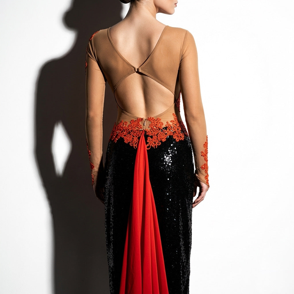 ByCharme Black Orange Red Sequined Latin Salsa Competition Dress - BCL-0143