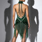 ByCharme Dark Green Silver Gold Fringes Latin Salsa Competition Dress - BCL-0186