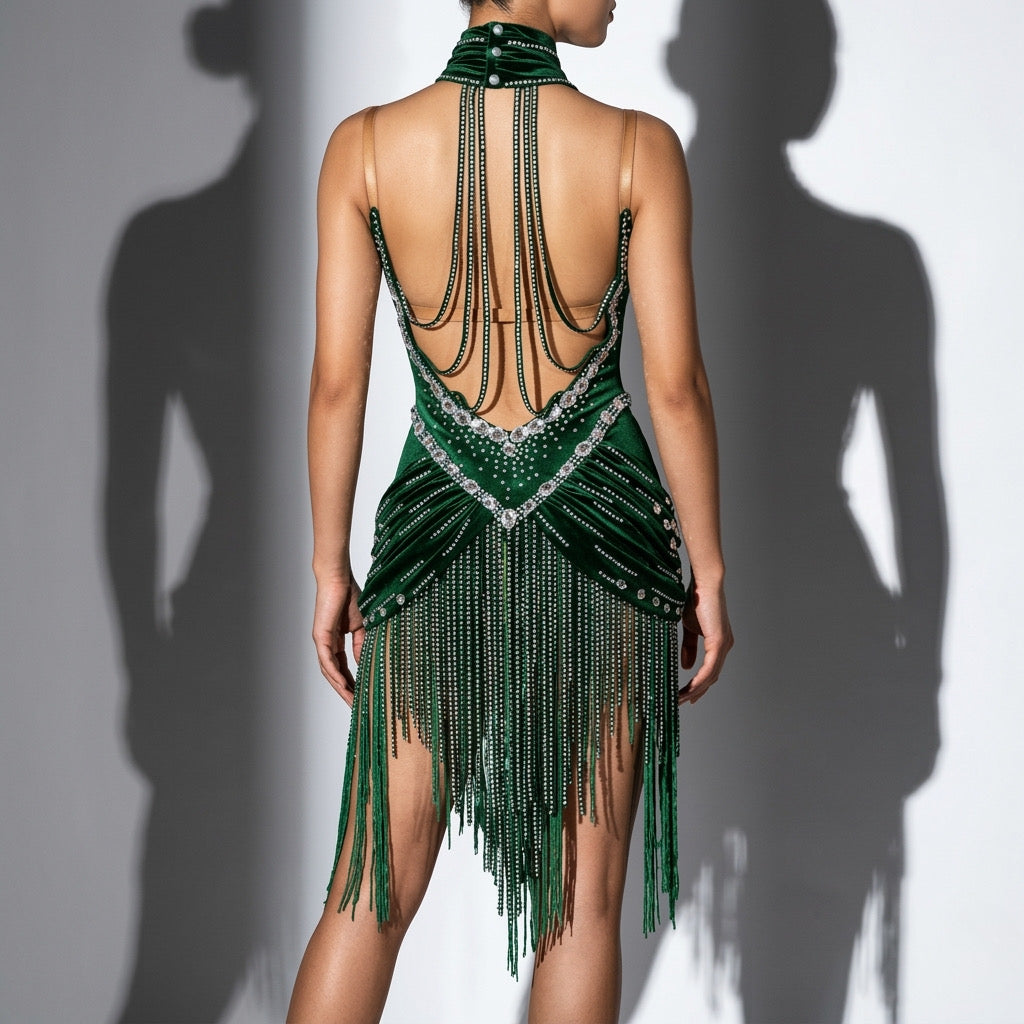 ByCharme Dark Green Silver Gold Fringes Latin Salsa Competition Dress - BCL-0186