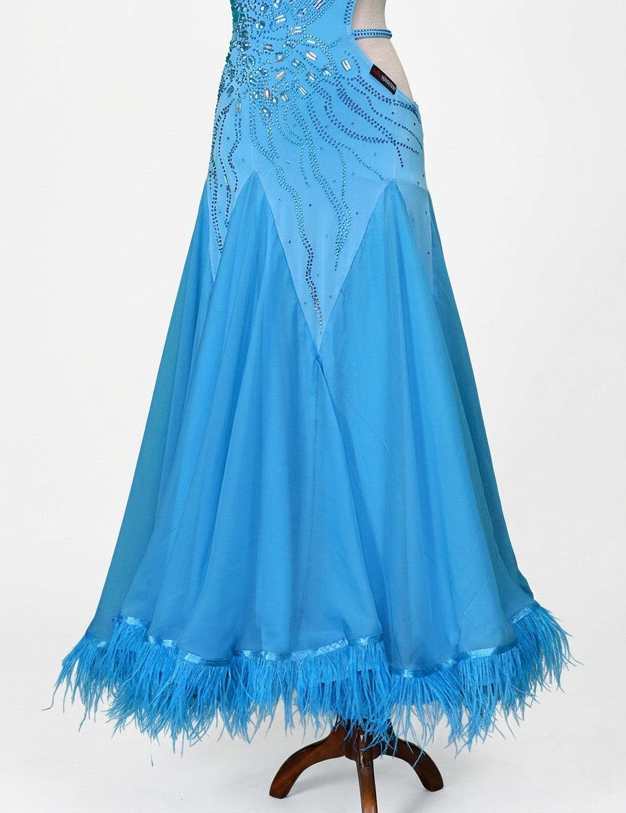 ByCharme Deep Sky Blue Feather Ballroom Competition Dress - BC-0219
