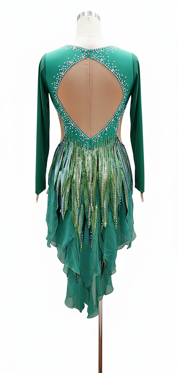 ByCharme Sea Green Brown Chiffon Latin Salsa Competition Dress - BCL-0070