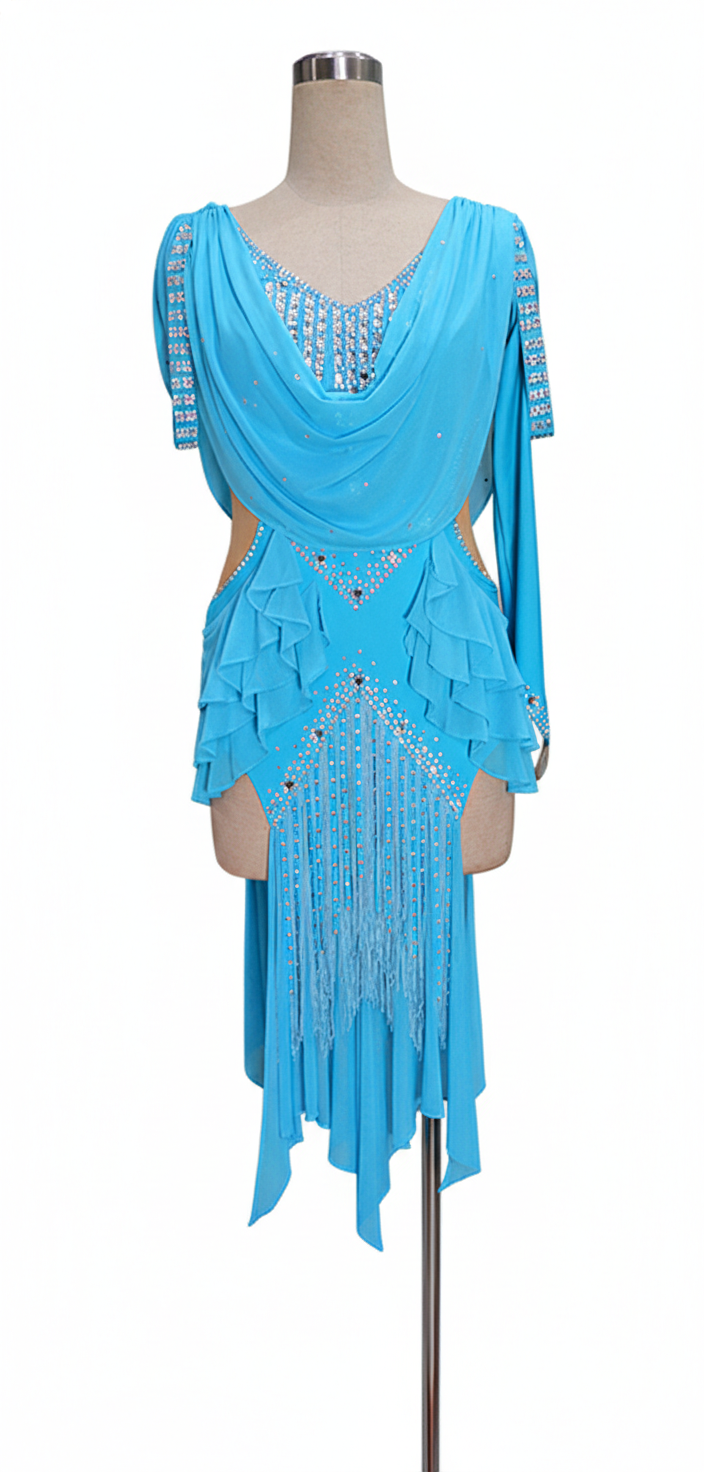 ByCharme Sky Blue Silver Tan Fringes Latin Salsa Competition Dress - BCL-0028