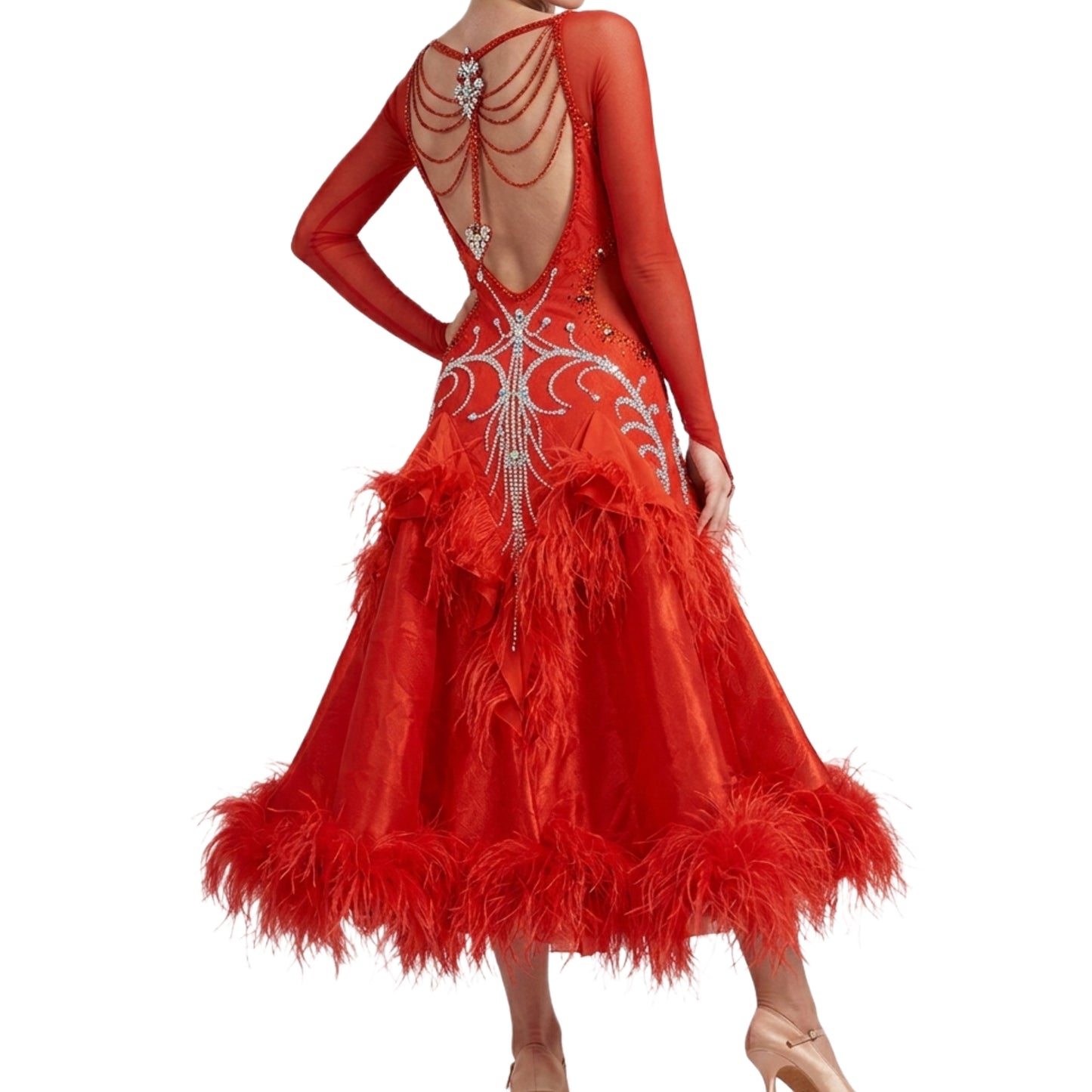 ByCharme Bright Red Feather Ballroom Competition Dress - BC-0028