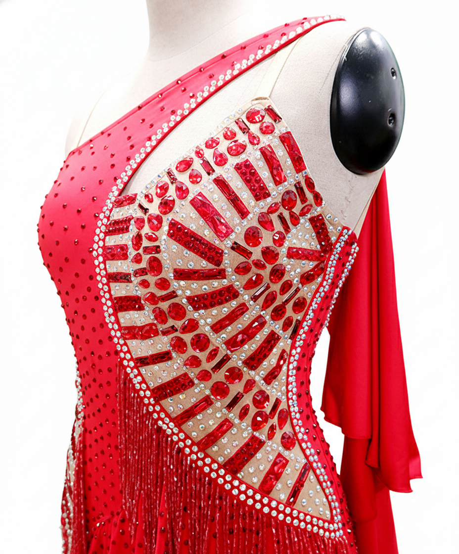 ByCharme Bright Red Fringes Ballroom Competition Dress - BC-0045