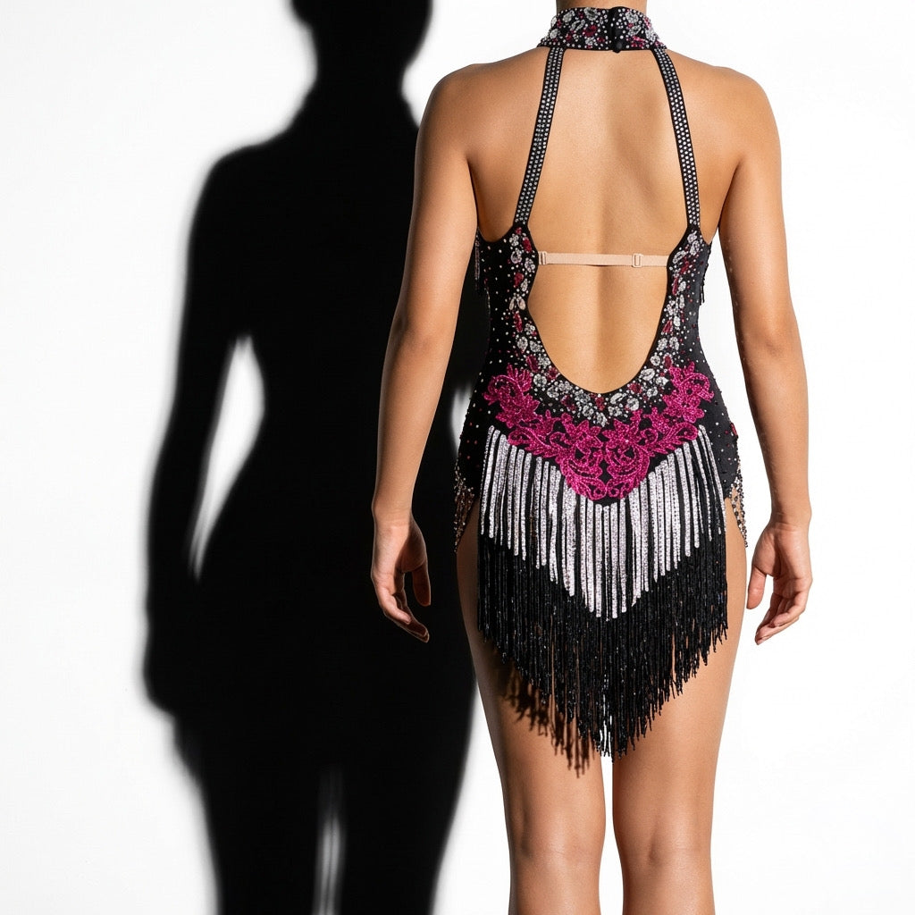 ByCharme Black Silver Deep Pink Fringes Latin Salsa Competition Dress - BCL-0138
