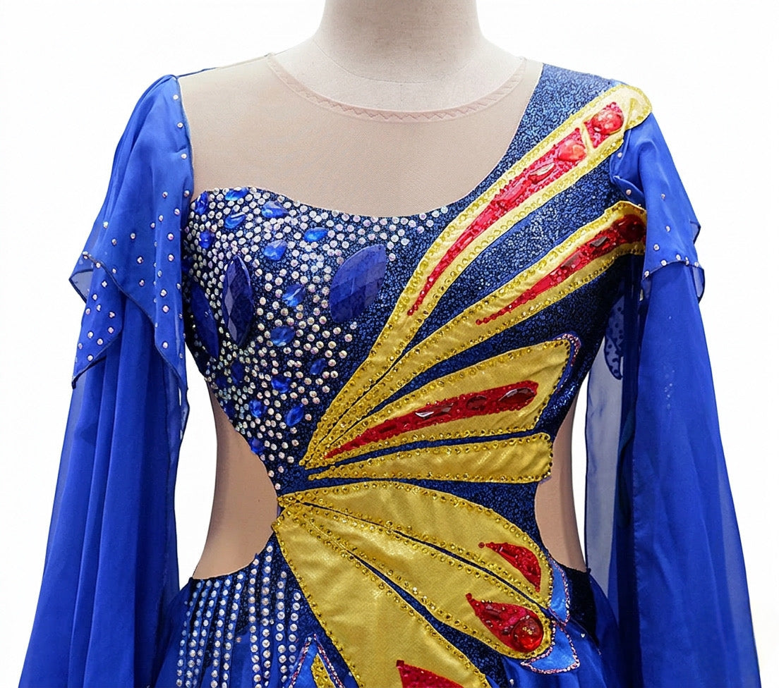 ByCharme Medium Blue Gold Red Fringes Latin Salsa Competition Dress - BCL-0139