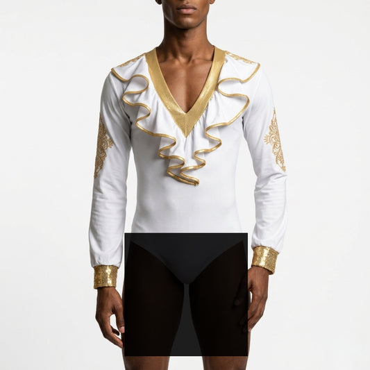 ByCharme White Gold Lycra Men Latin Salsa Competition Shirt - BCM-0078