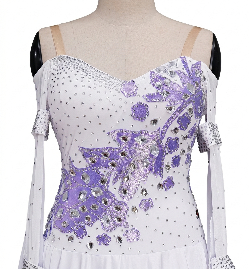 ByCharme White & Purple Feather Ballroom Competition Dress - BC-0038