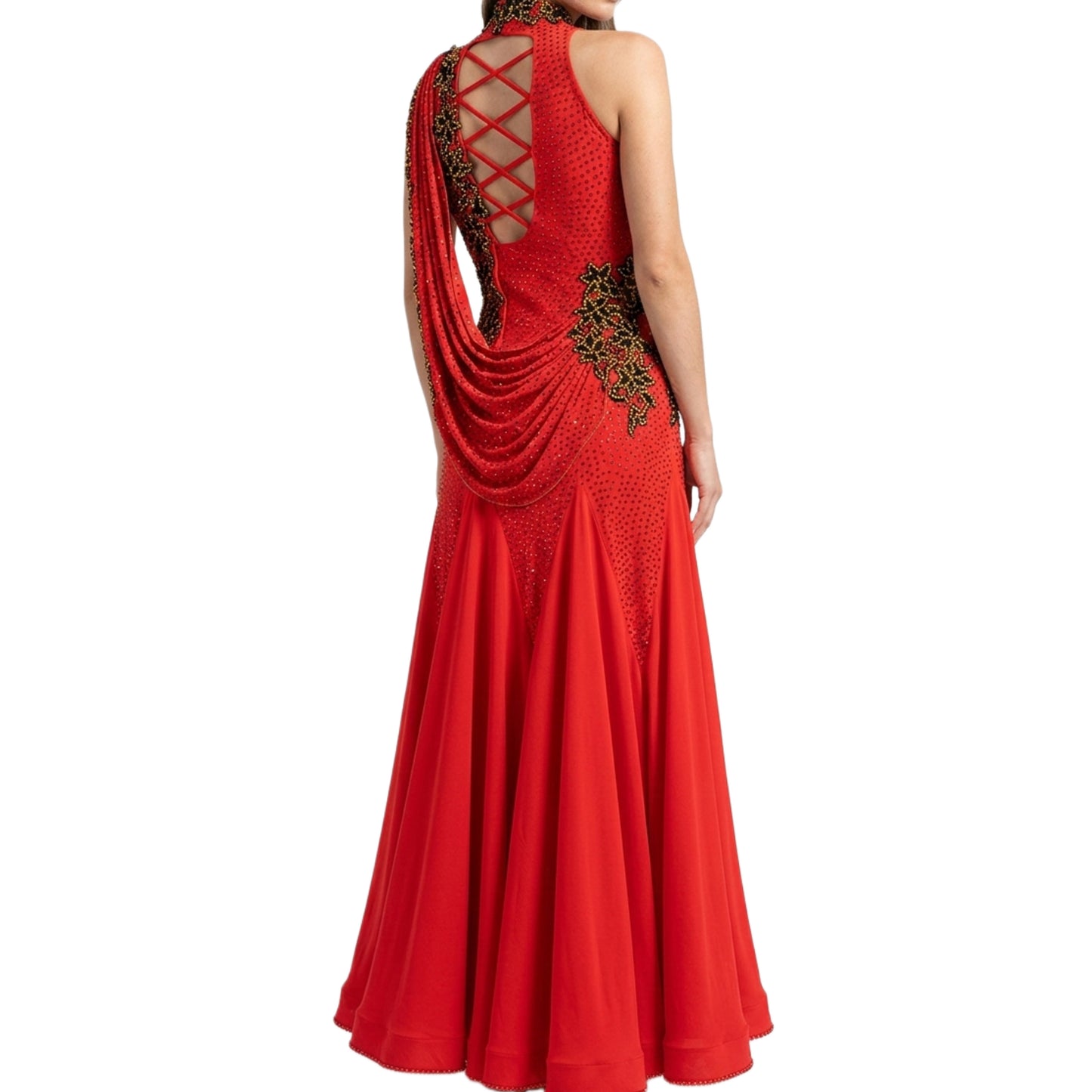 ByCharme Bright Red Chiffon Ballroom Competition Dress - BC-0032