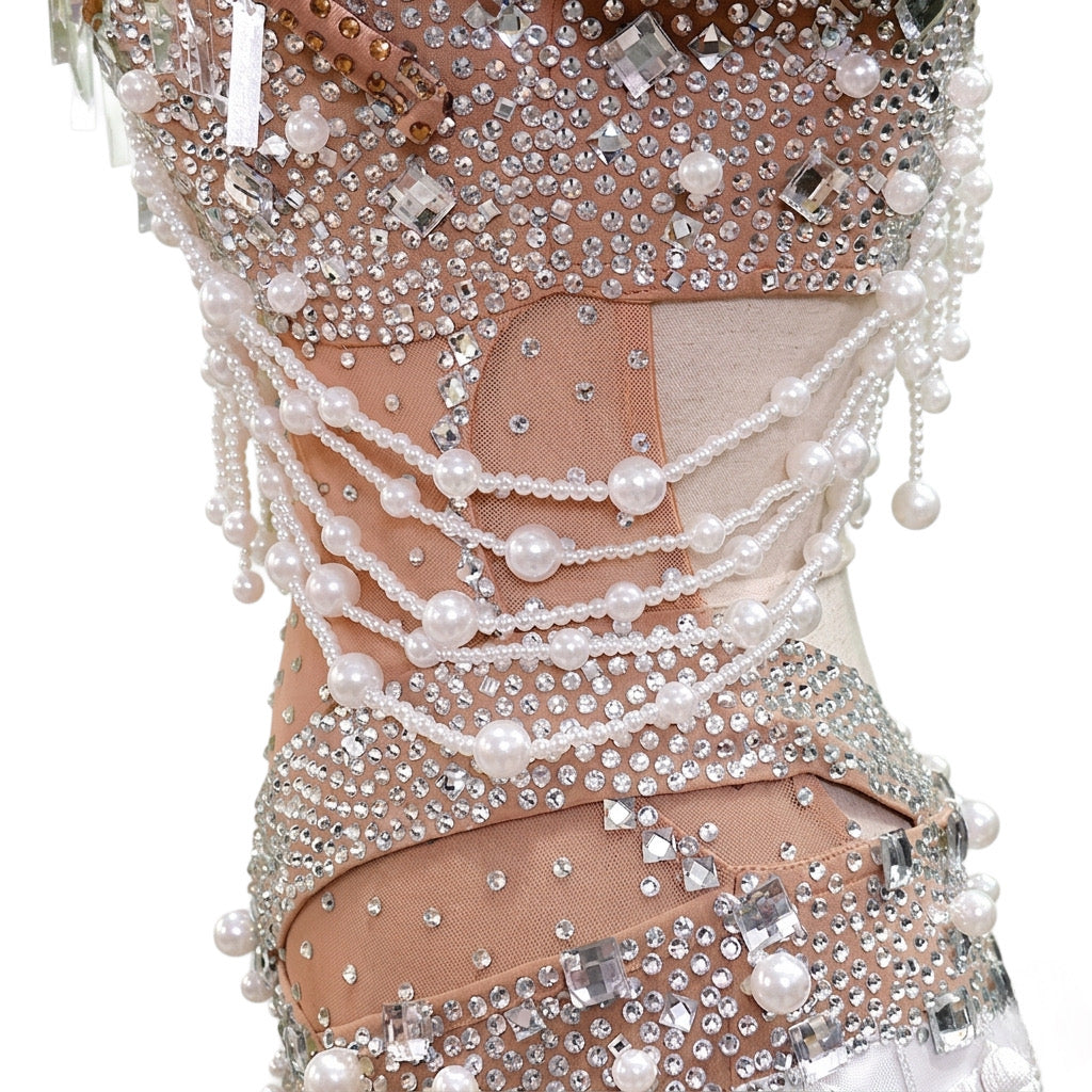 ByCharme White Light Brown Pearl Fringes Latin Salsa Competition Dress - BCL-0154