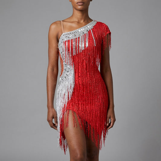 ByCharme Red Silver White Tan Fringes Latin Salsa Competition Dress - BCL-0196