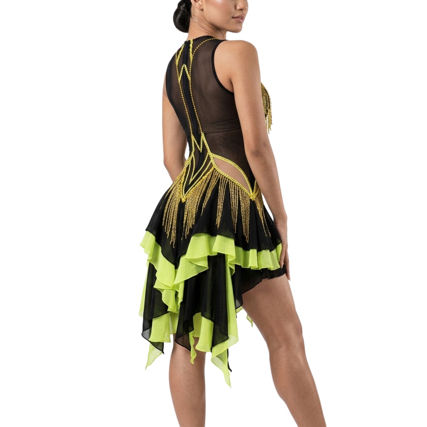 ByCharme Black Yellow Green Fringes Latin Salsa Competition Dress - BCL-0116