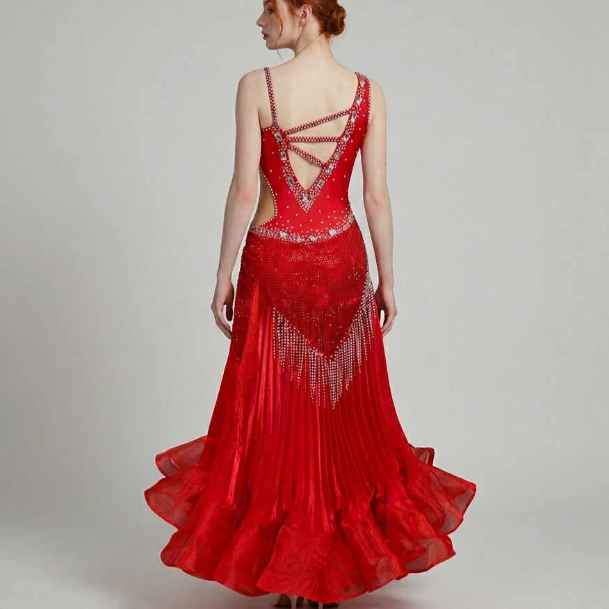 ByCharme Bright Red Fringes Ballroom Competition Dress - BC-0225