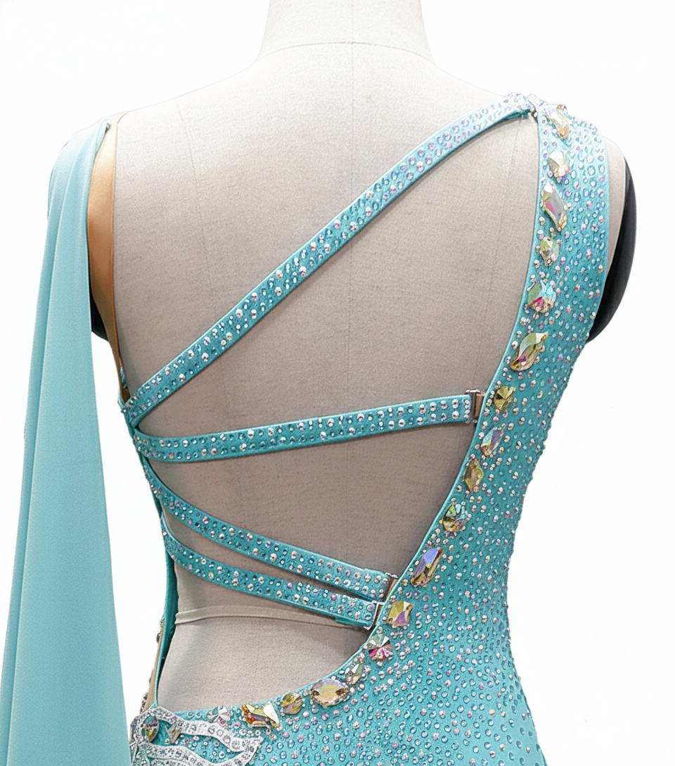 ByCharme Cyan Blue Chiffon Ballroom Competition Dress - BC-0055
