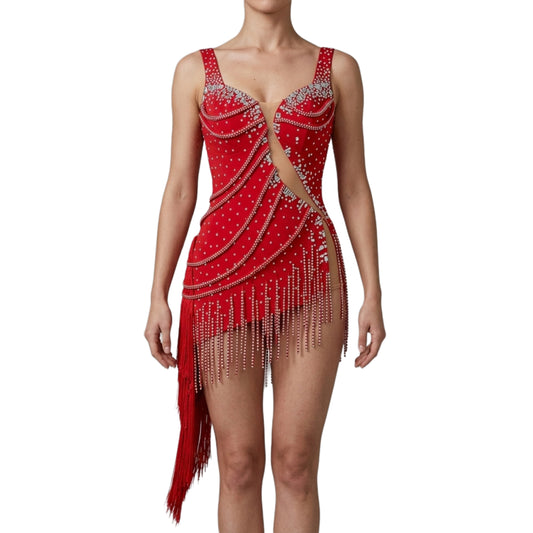ByCharme Bright Red Silver Fringes Latin Salsa Competition Dress - BCL-0119