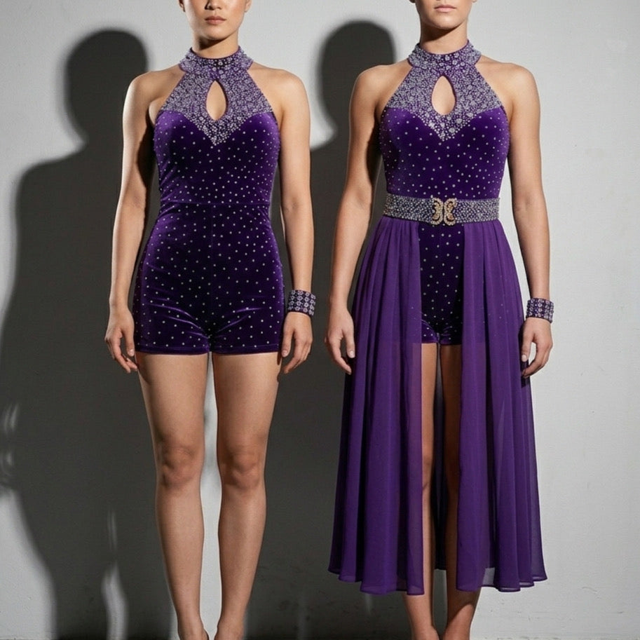 ByCharme Dark Purple Exquisite Latin Salsa Competition 2 in 1 Dress - BC2-0007
