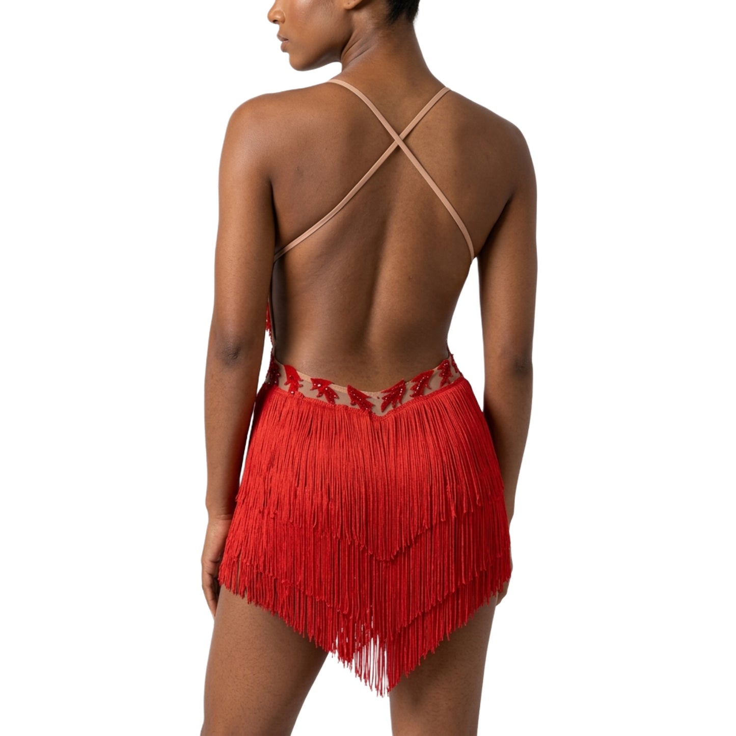 ByCharme Bright Red Light Brown Velvet Flowers Latin Salsa Competition Dress - BCL-0181