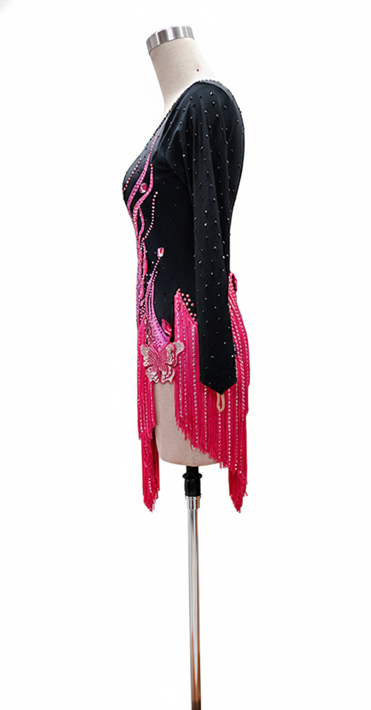 ByCharme Black Pink Brown Fringes Latin Salsa Competition Dress - BCL-0079