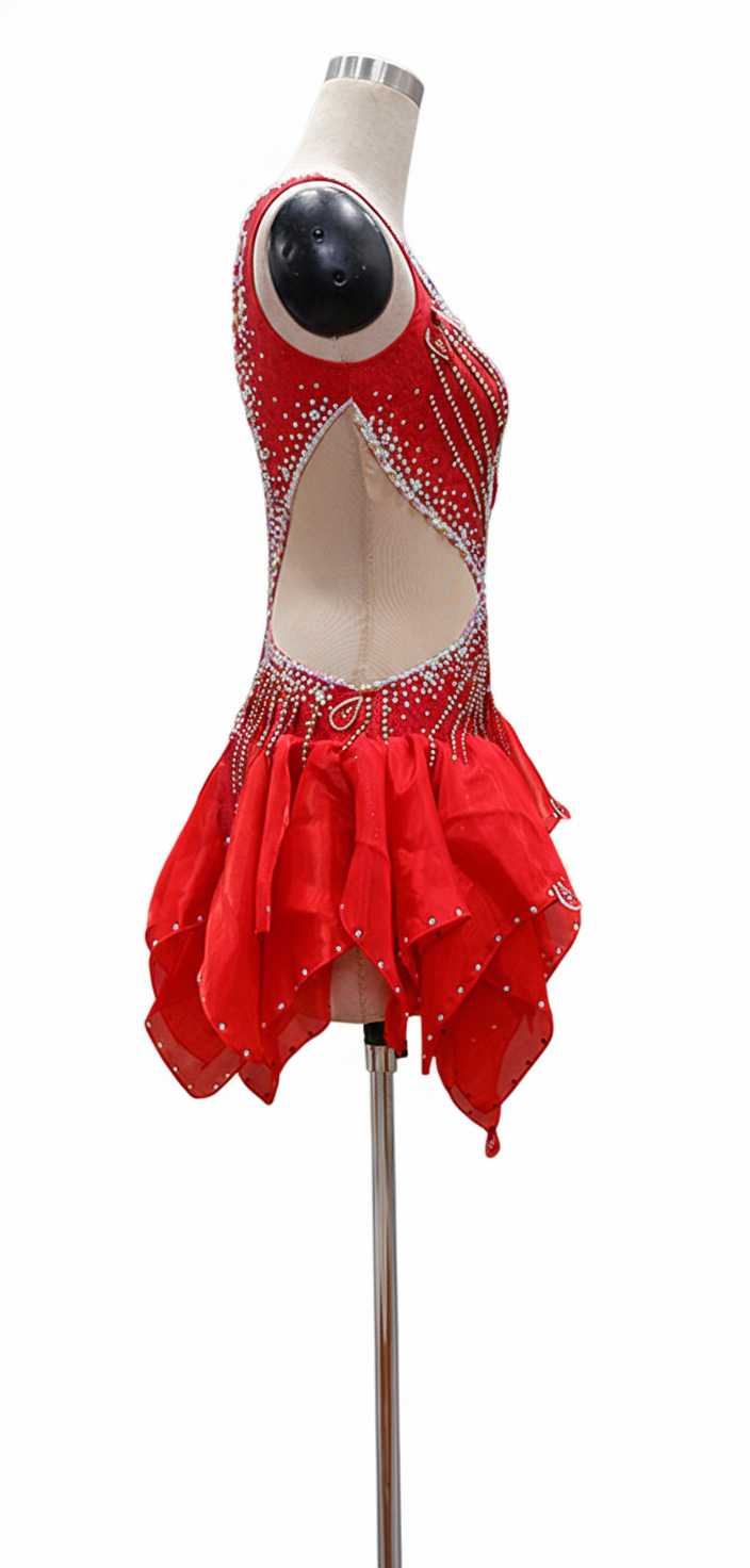 ByCharme Red Silver Tan Chiffon Latin Salsa Competition Dress - BCL-0089