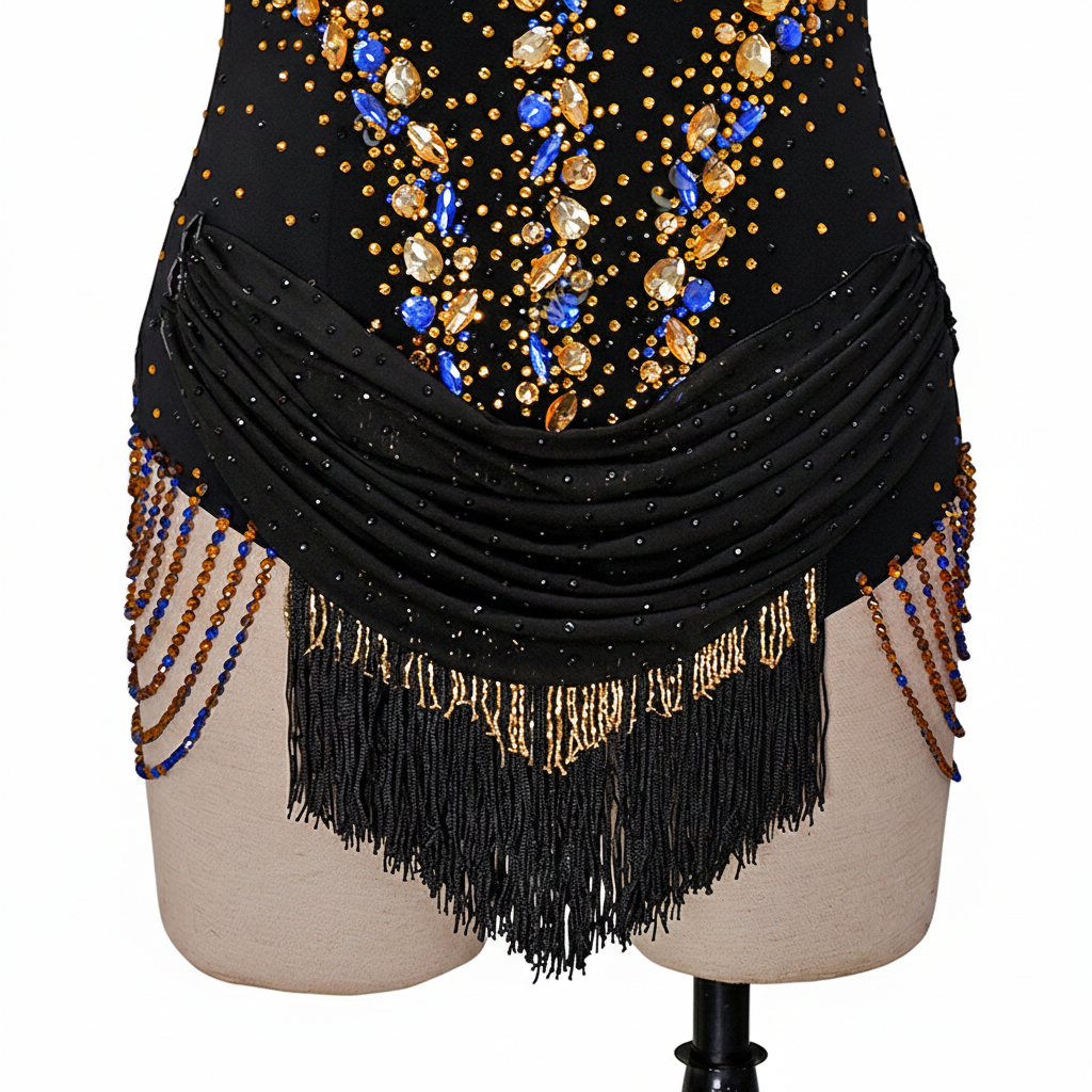 ByCharme Black Blue Gold Fringes Latin Salsa Competition Dress - BCL-0001