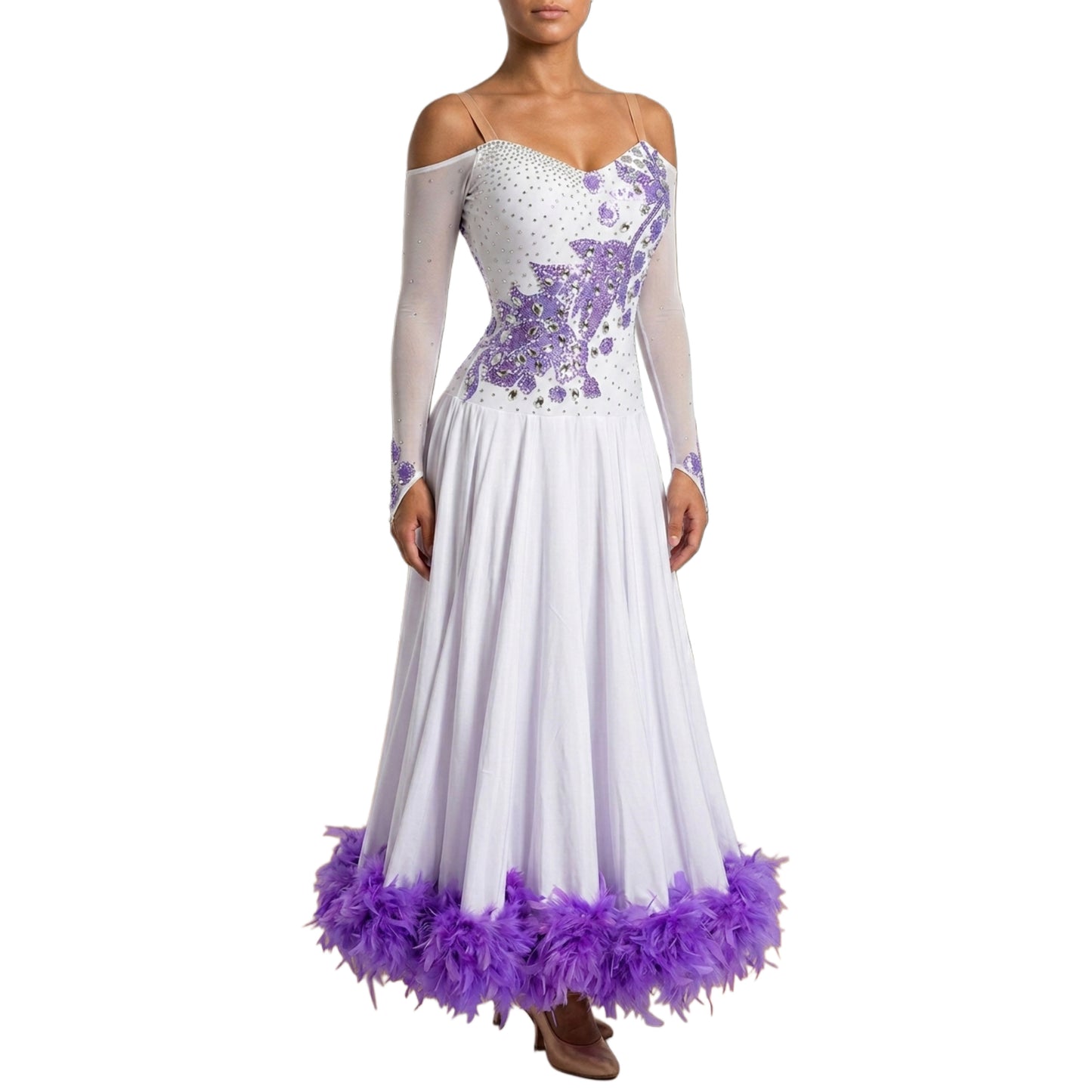ByCharme White & Purple Feather Ballroom Competition Dress - BC-0038