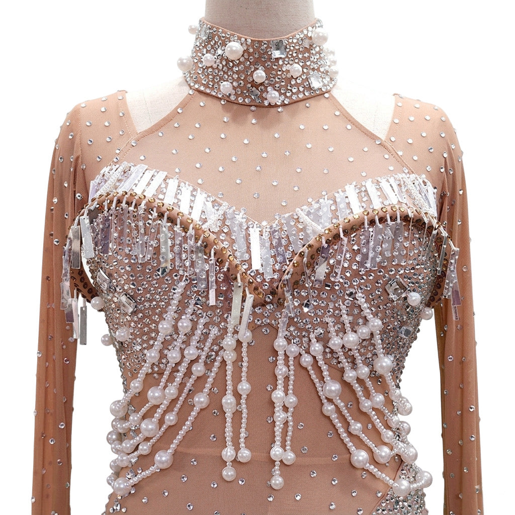 ByCharme White Light Brown Pearl Fringes Latin Salsa Competition Dress - BCL-0154