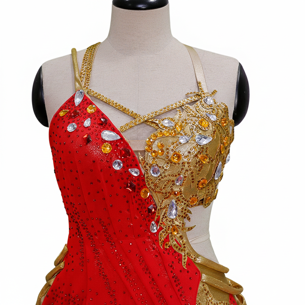 ByCharme Red Gold Brown Fringes Latin Salsa Competition Dress - BCL-0082