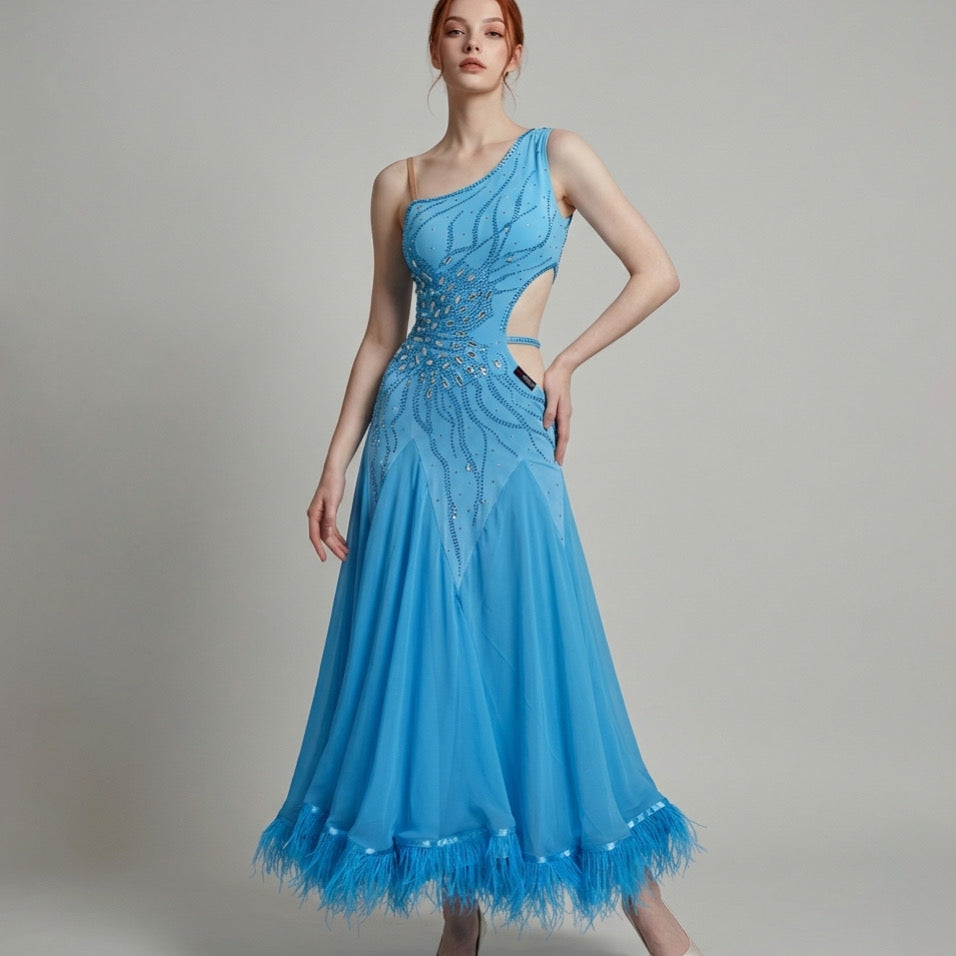 ByCharme Deep Sky Blue Feather Ballroom Competition Dress - BC-0219