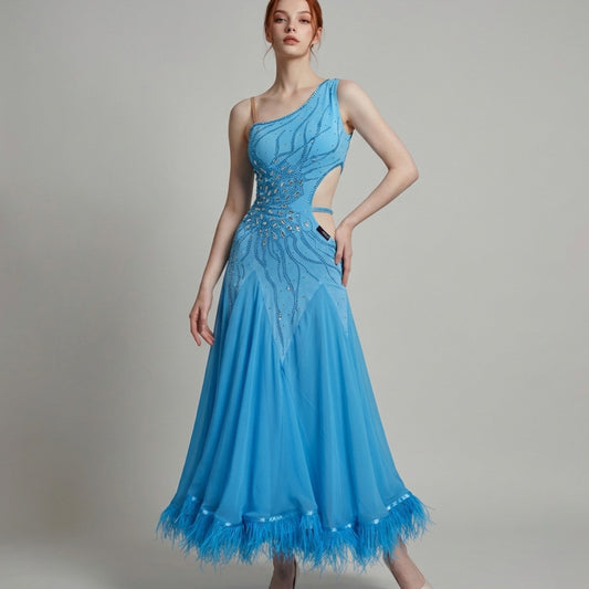 ByCharme Deep Sky Blue Feather Ballroom Competition Dress - BC-0219