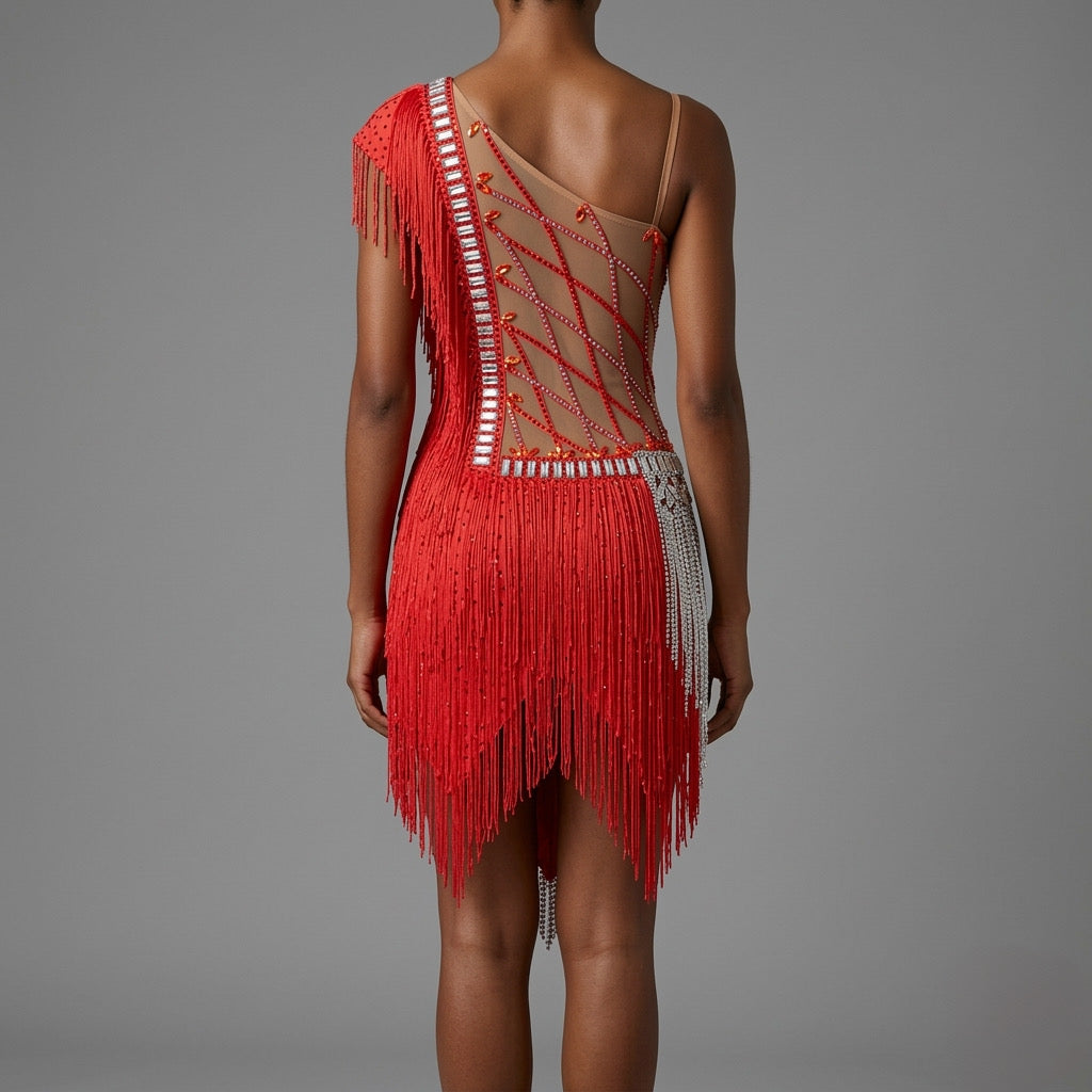 ByCharme Red Silver White Tan Fringes Latin Salsa Competition Dress - BCL-0196