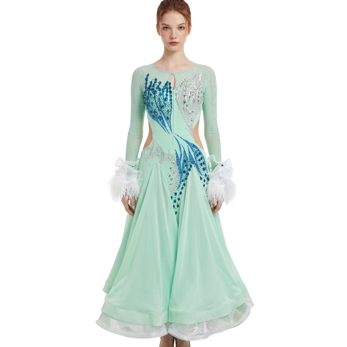 ByCharme Aquamarine Feather Ballroom Competition Dress - BC-0060