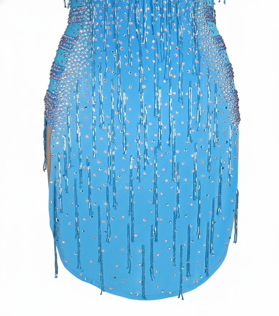 ByCharme Sky Blue Silver Fringes Latin Salsa Competition Dress - BCL-0038