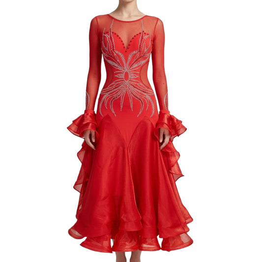ByCharme Bright Red Feather Ballroom Competition Dress - BC-0001