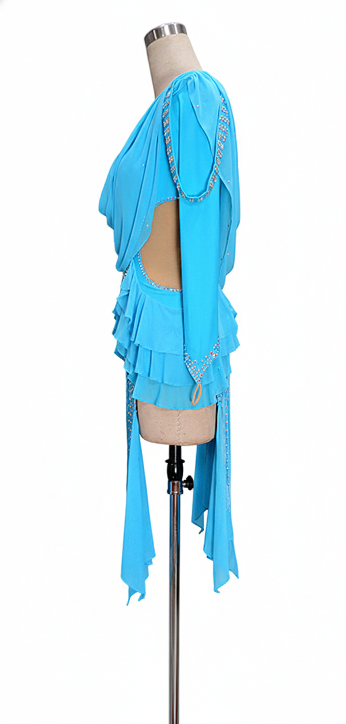 ByCharme Sky Blue Silver Tan Fringes Latin Salsa Competition Dress - BCL-0028