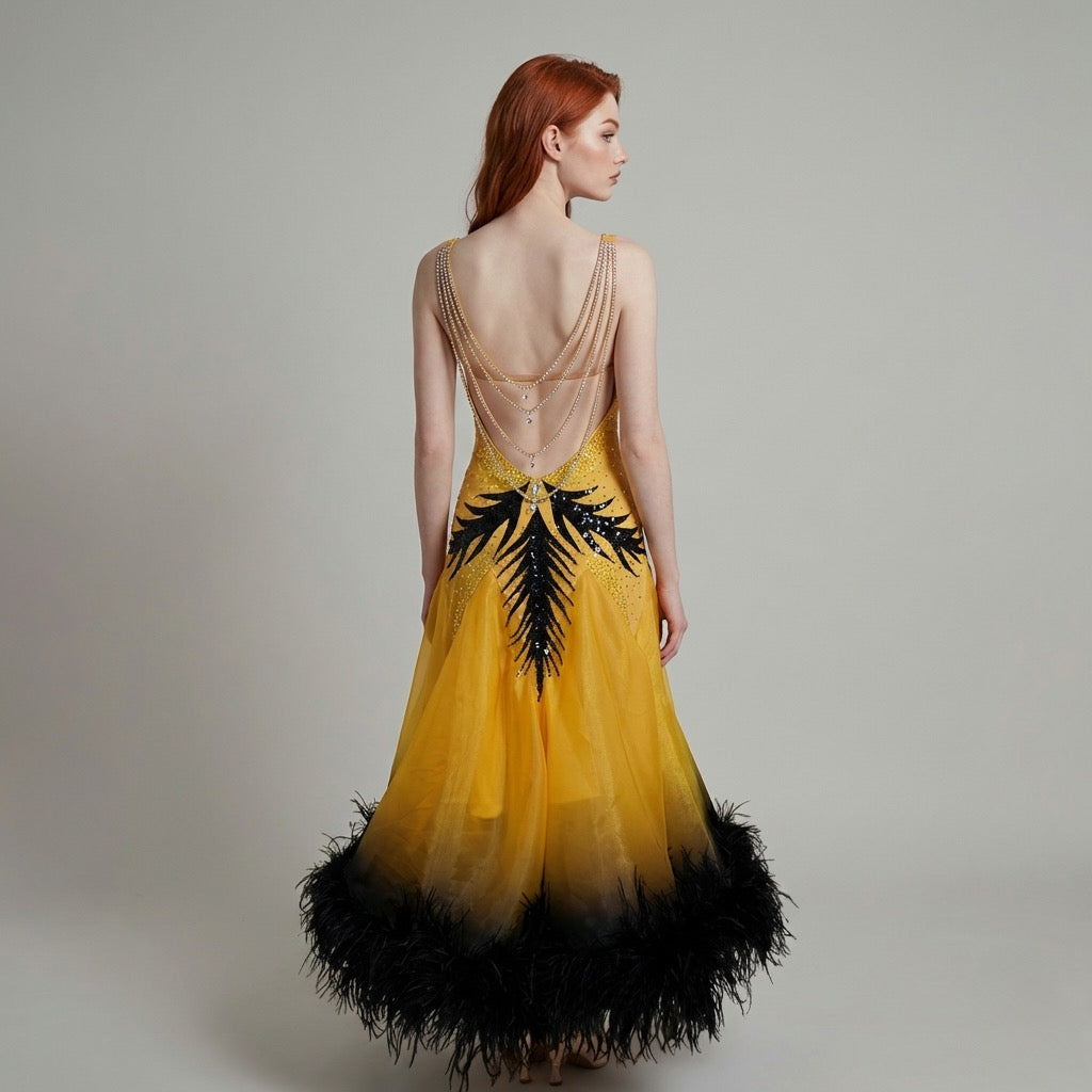 ByCharme Dark Yellow Feather Ballroom Competition Dress - BC-0228