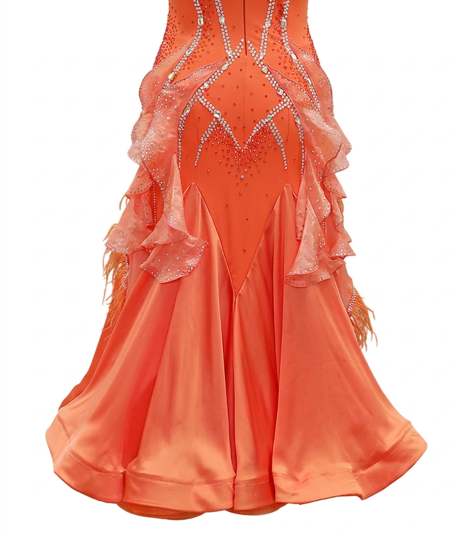 ByCharme Orange Red Feather Ballroom Competition Dress - BC-0215